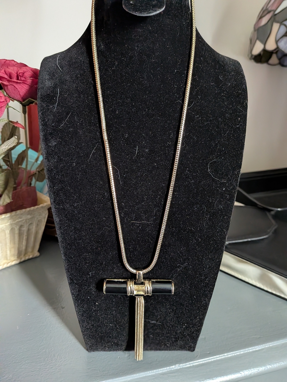 Banana Republic Gold-Tone Necklace with Black Bar Pendant and Tassel